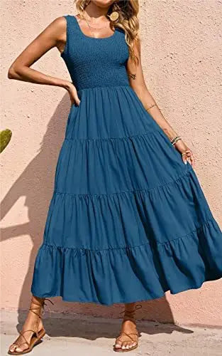 Dresses For Women 2024 Summer Sexy Elegant Sleeveless Floral Solid Color Long Dress Fashion Elastic Waist Beach Party Big Swing