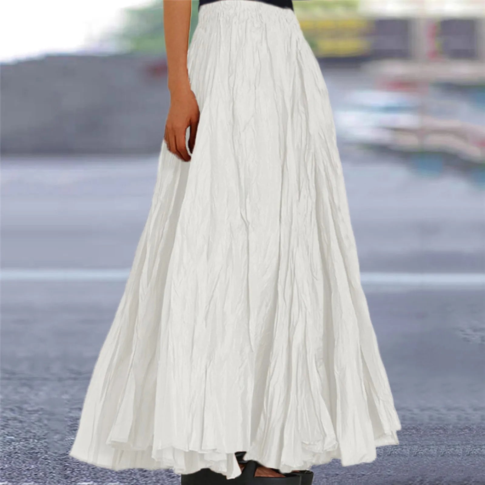 Women Long Skirt High Waist Stretch Solid Color Pleated Skirt Women Faldas Vintage Fold Large Swing Casual Maxi A-Line Skirt
