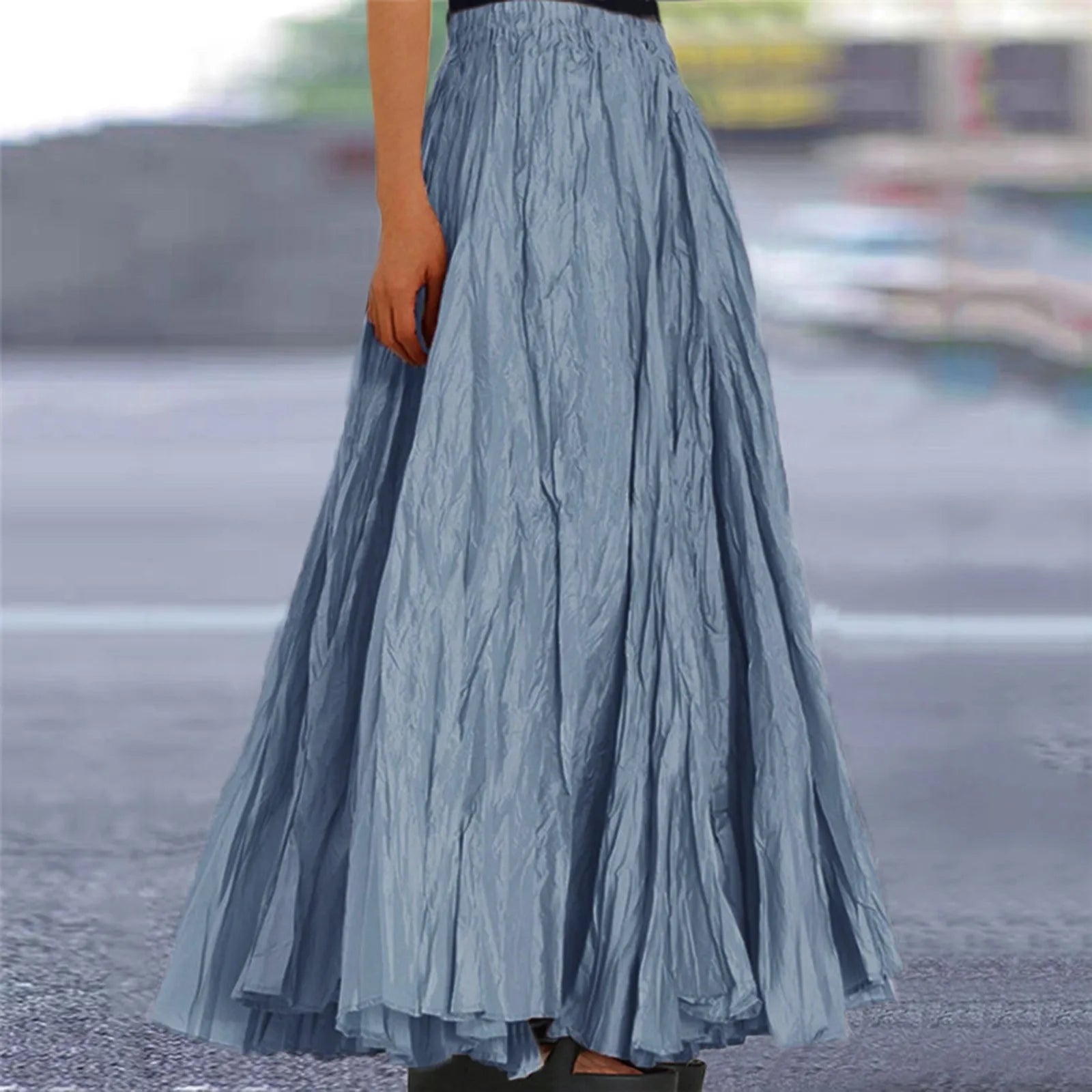 Women Long Skirt High Waist Stretch Solid Color Pleated Skirt Women Faldas Vintage Fold Large Swing Casual Maxi A-Line Skirt