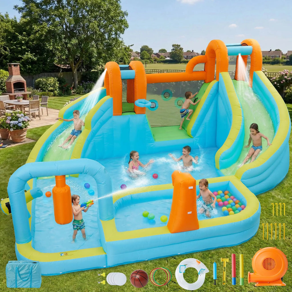 15.9x14FT Inflatable Bounce House 10-In-1 Wet Dry Water Slide With 550W Blower Kids Jumping Castle Splash Pool For Backyard