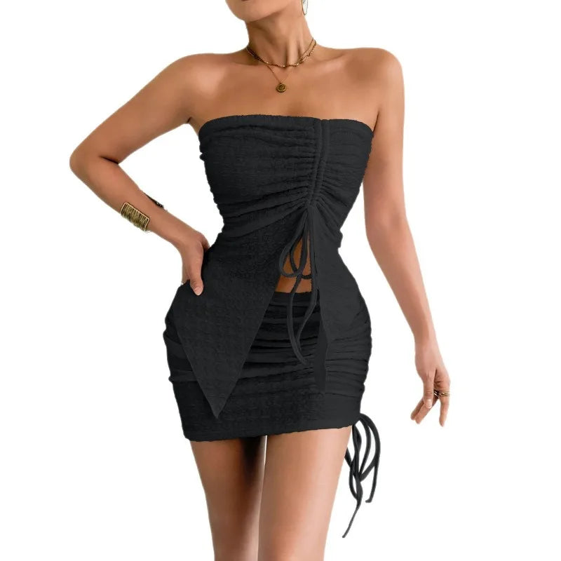 2026 Women's Clothing New Tube Top and Hip Wrap Sexy Dress Texture Set Spice Girl Skirt