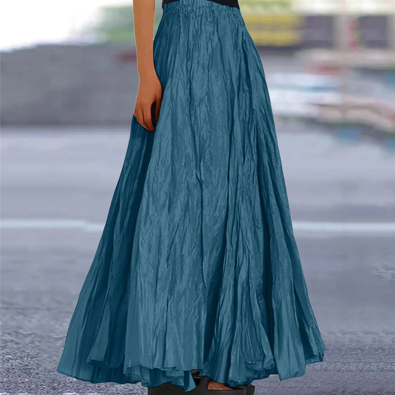 Women Long Skirt High Waist Stretch Solid Color Pleated Skirt Women Faldas Vintage Fold Large Swing Casual Maxi A-Line Skirt