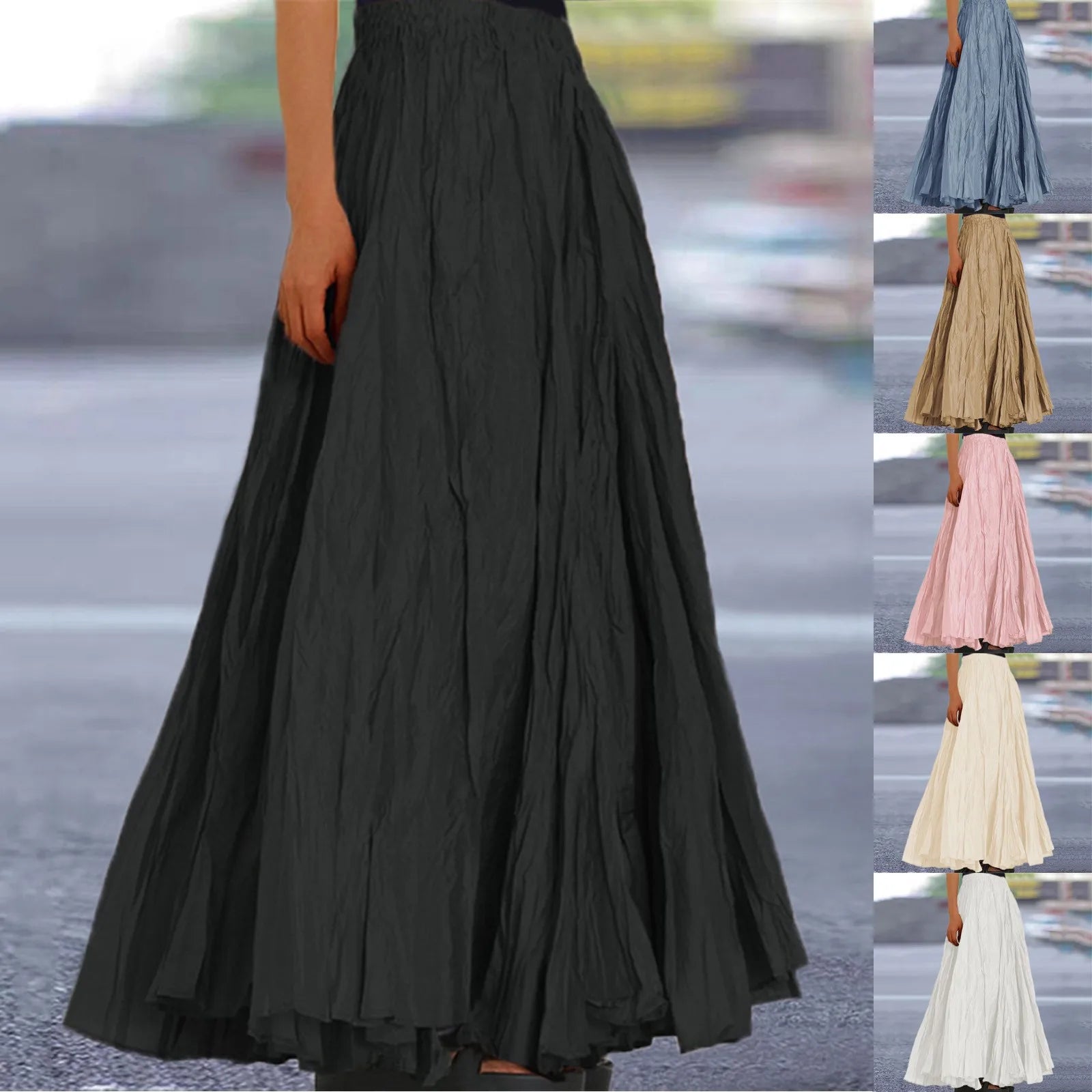 Women Long Skirt High Waist Stretch Solid Color Pleated Skirt Women Faldas Vintage Fold Large Swing Casual Maxi A-Line Skirt