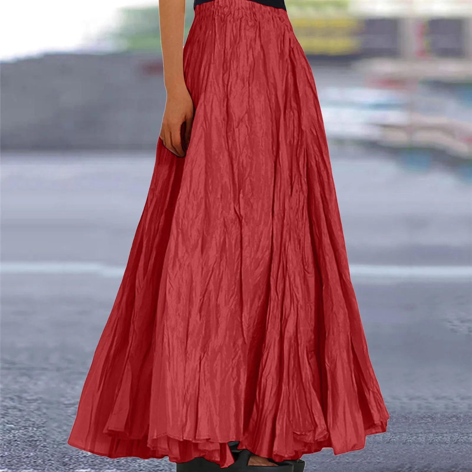 Women Long Skirt High Waist Stretch Solid Color Pleated Skirt Women Faldas Vintage Fold Large Swing Casual Maxi A-Line Skirt