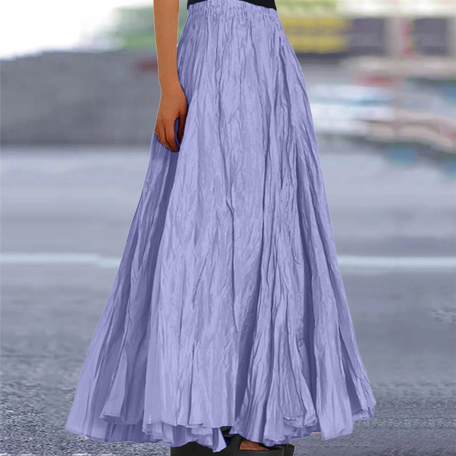 Women Long Skirt High Waist Stretch Solid Color Pleated Skirt Women Faldas Vintage Fold Large Swing Casual Maxi A-Line Skirt