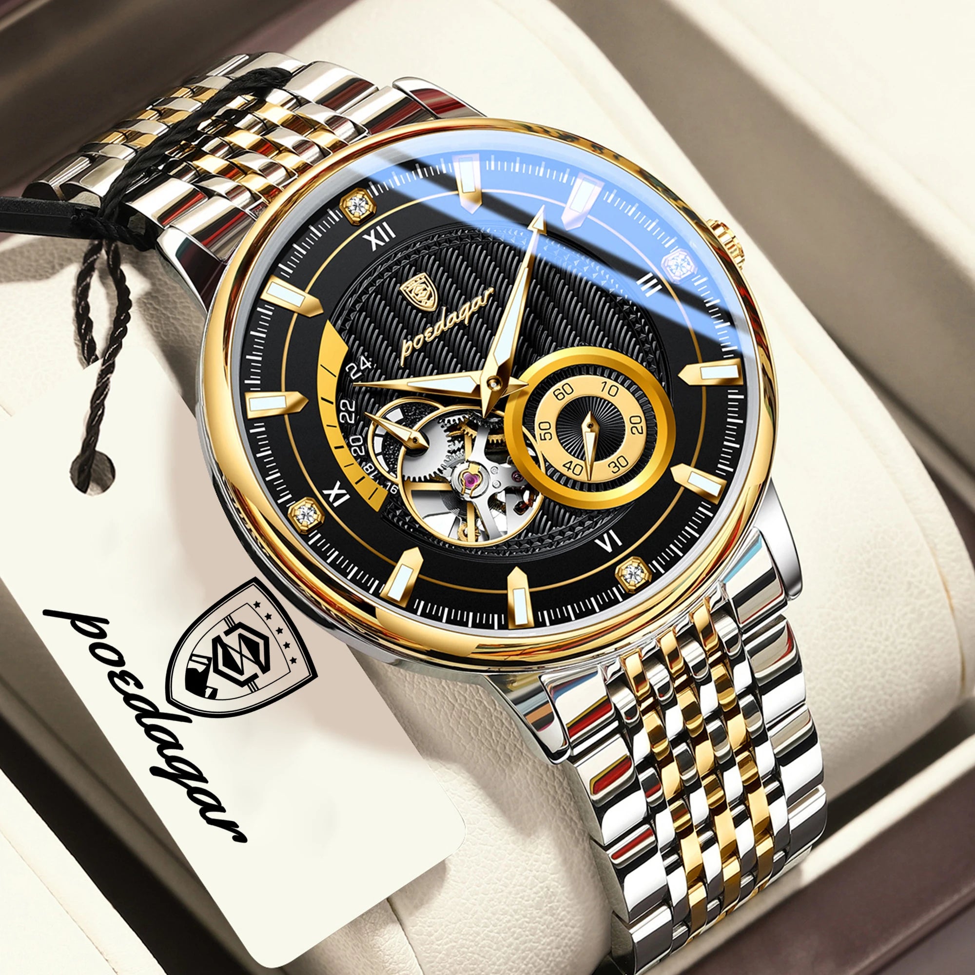 POEDAGAR Luxury Man Watch Stainless Steel Hollow Tourbillon Men Clock Luminous Mechanical Automatic Business Men's Watches Reloj