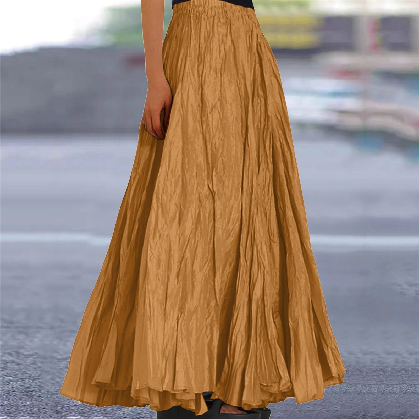 Women Long Skirt High Waist Stretch Solid Color Pleated Skirt Women Faldas Vintage Fold Large Swing Casual Maxi A-Line Skirt