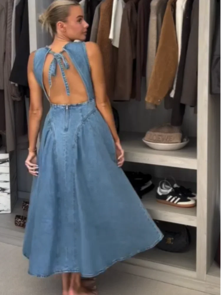 Women Chic Backless Lace Up Denim Dress Fashion O-neck Sleeveless Slim High Waist A-line Midi Robe Summer Lady Casual Streetwear
