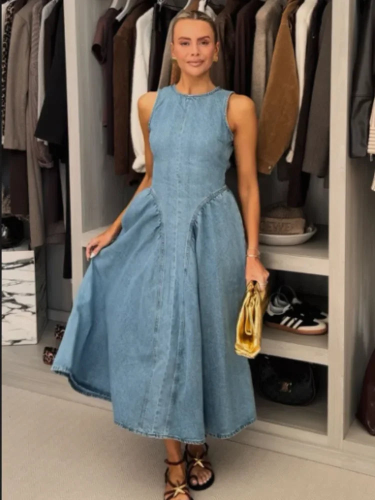 Women Chic Backless Lace Up Denim Dress Fashion O-neck Sleeveless Slim High Waist A-line Midi Robe Summer Lady Casual Streetwear