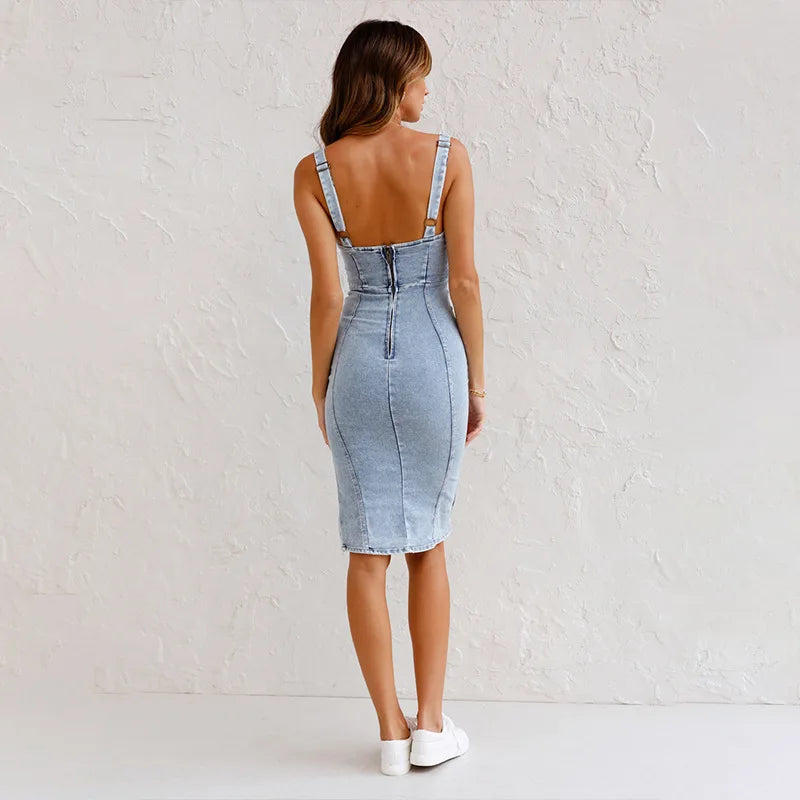 Women's New Summer Fashion U-neck Sleeveless Halter Denim Dress. European and American Style Casual Do Old Washed Slim-fit Dress