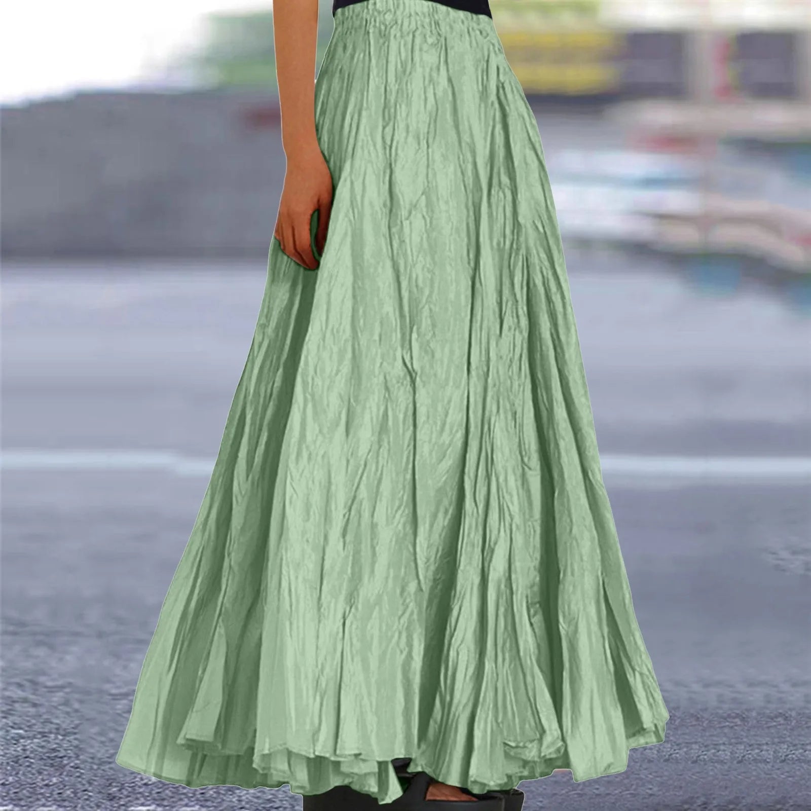 Women Long Skirt High Waist Stretch Solid Color Pleated Skirt Women Faldas Vintage Fold Large Swing Casual Maxi A-Line Skirt