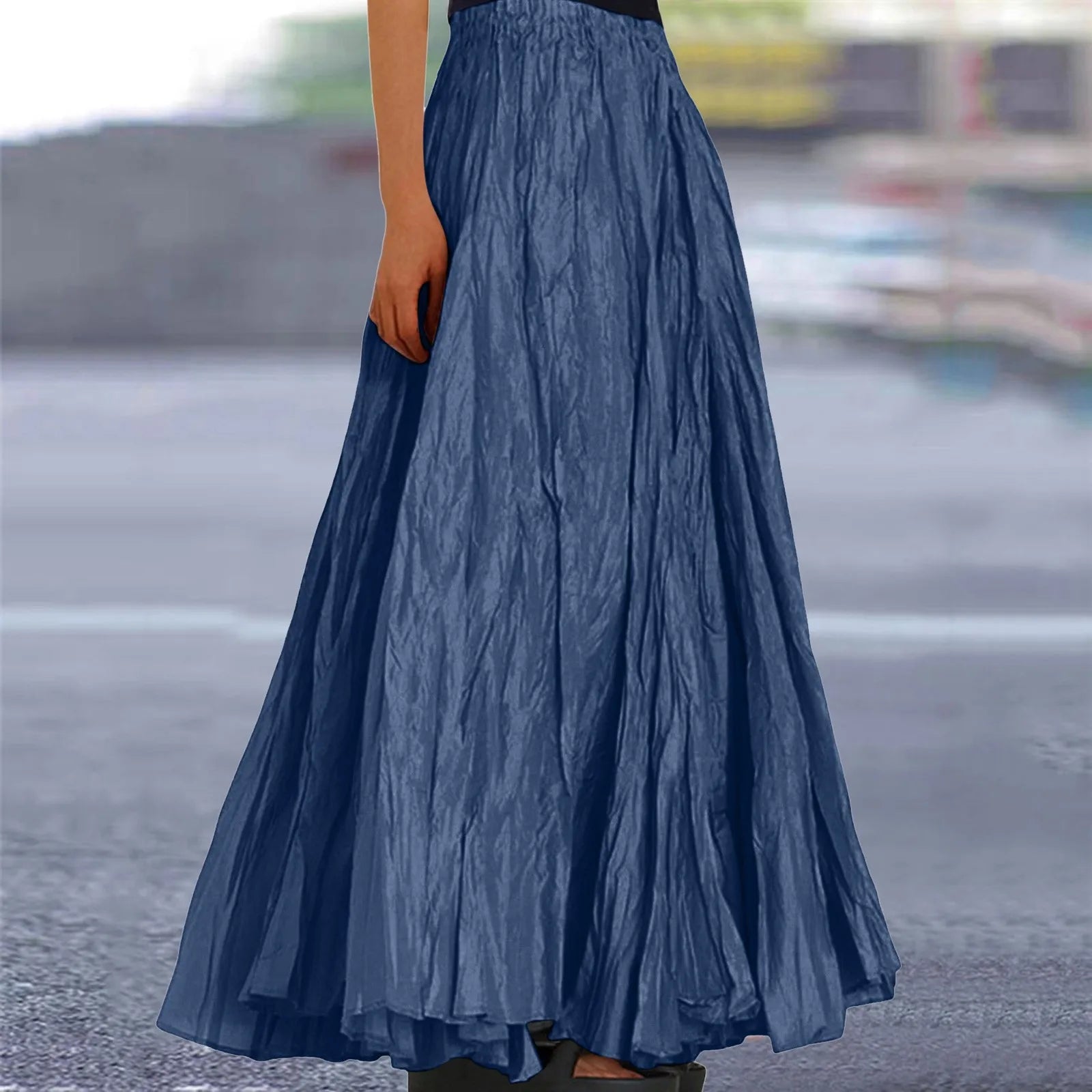 Women Long Skirt High Waist Stretch Solid Color Pleated Skirt Women Faldas Vintage Fold Large Swing Casual Maxi A-Line Skirt
