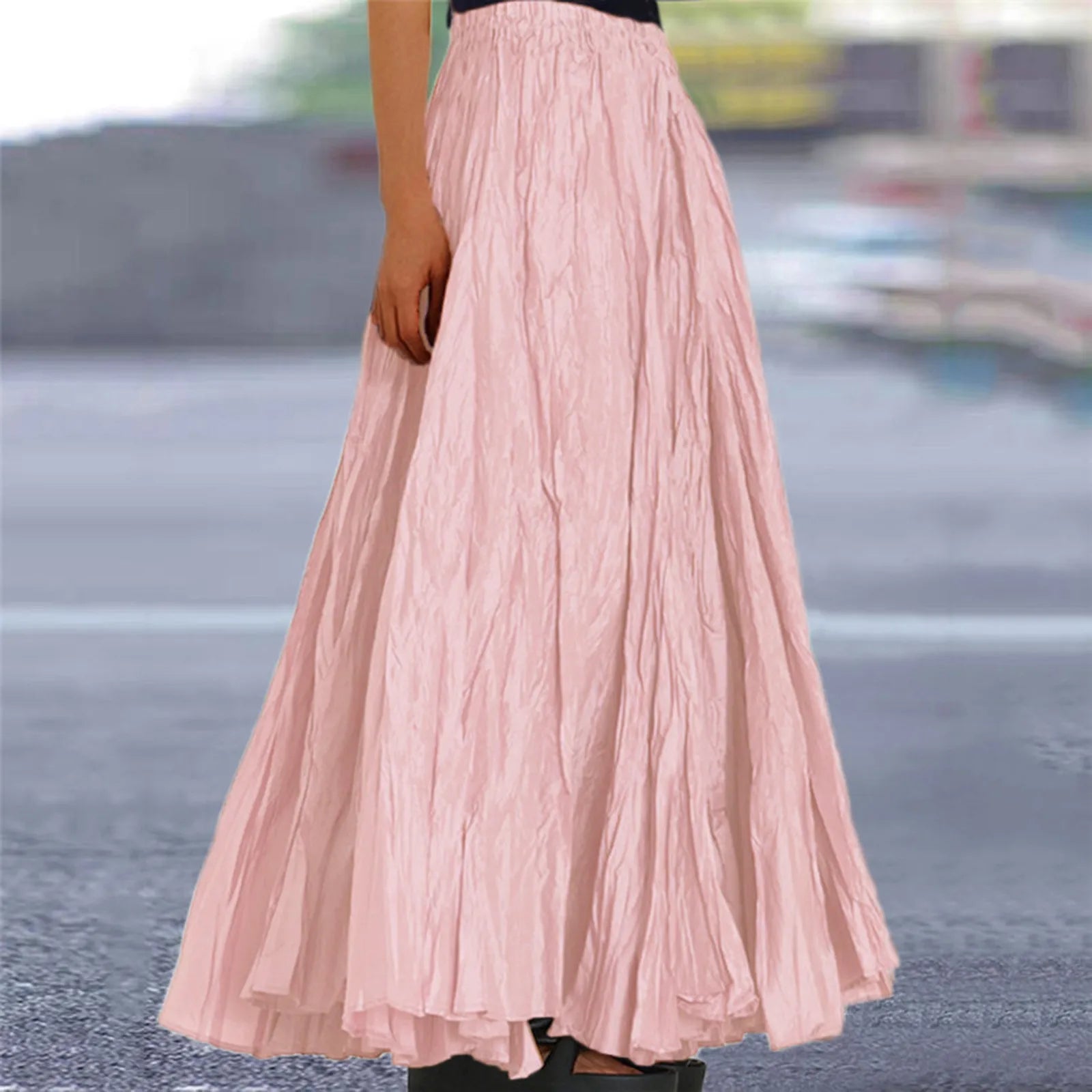 Women Long Skirt High Waist Stretch Solid Color Pleated Skirt Women Faldas Vintage Fold Large Swing Casual Maxi A-Line Skirt