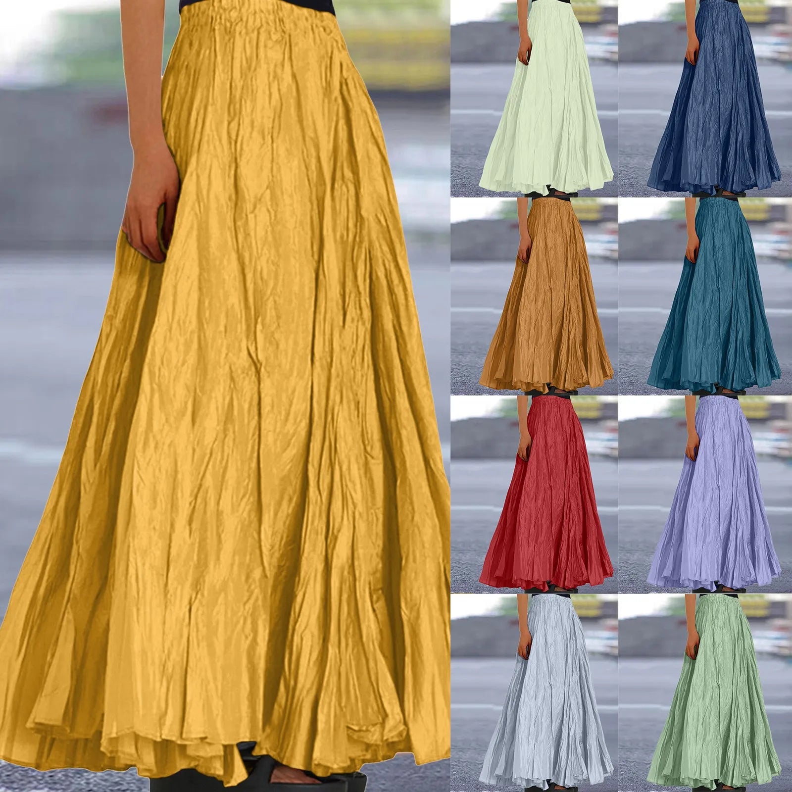 Women Long Skirt High Waist Stretch Solid Color Pleated Skirt Women Faldas Vintage Fold Large Swing Casual Maxi A-Line Skirt