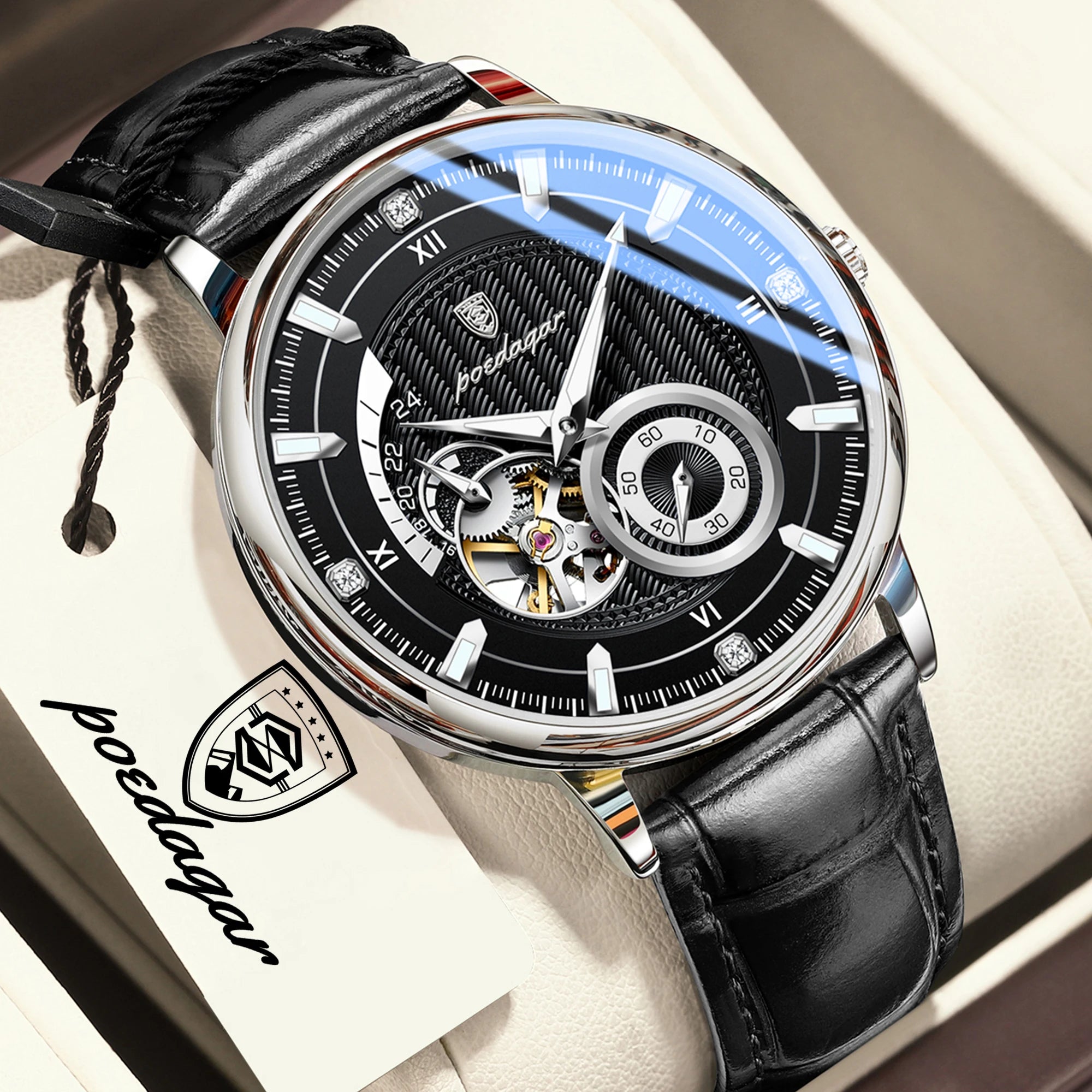 POEDAGAR Luxury Man Watch Stainless Steel Hollow Tourbillon Men Clock Luminous Mechanical Automatic Business Men's Watches Reloj