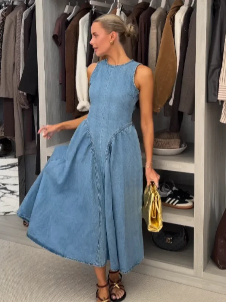 Women Chic Backless Lace Up Denim Dress Fashion O-neck Sleeveless Slim High Waist A-line Midi Robe Summer Lady Casual Streetwear