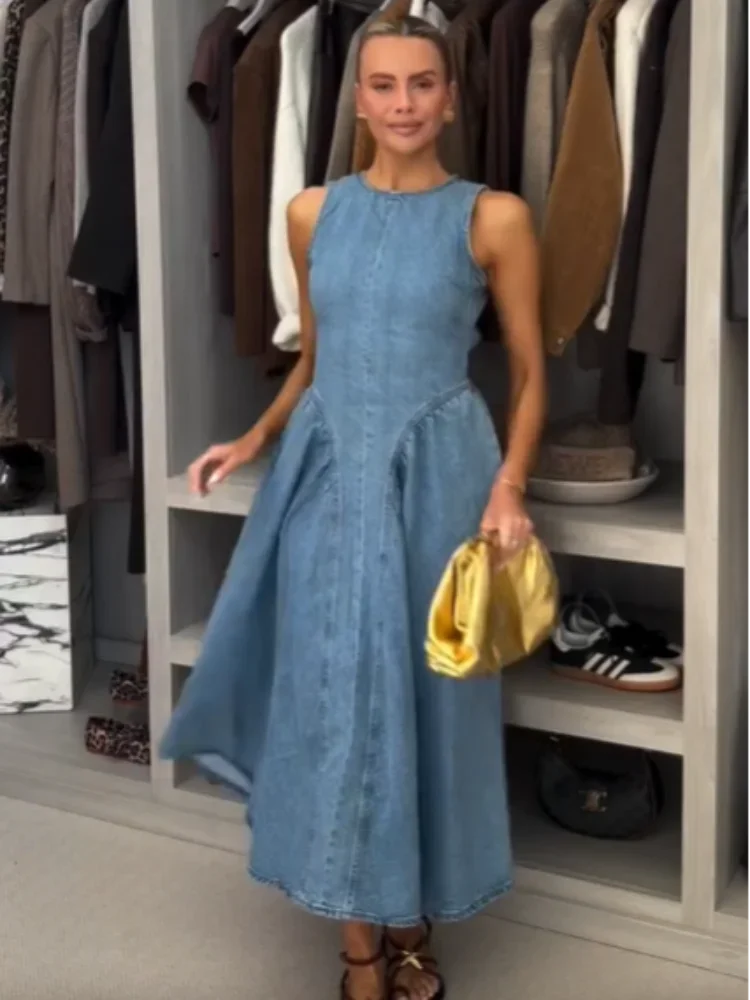 Women Chic Backless Lace Up Denim Dress Fashion O-neck Sleeveless Slim High Waist A-line Midi Robe Summer Lady Casual Streetwear