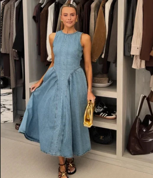 Women Chic Backless Lace Up Denim Dress Fashion O-neck Sleeveless Slim High Waist A-line Midi Robe Summer Lady Casual Streetwear