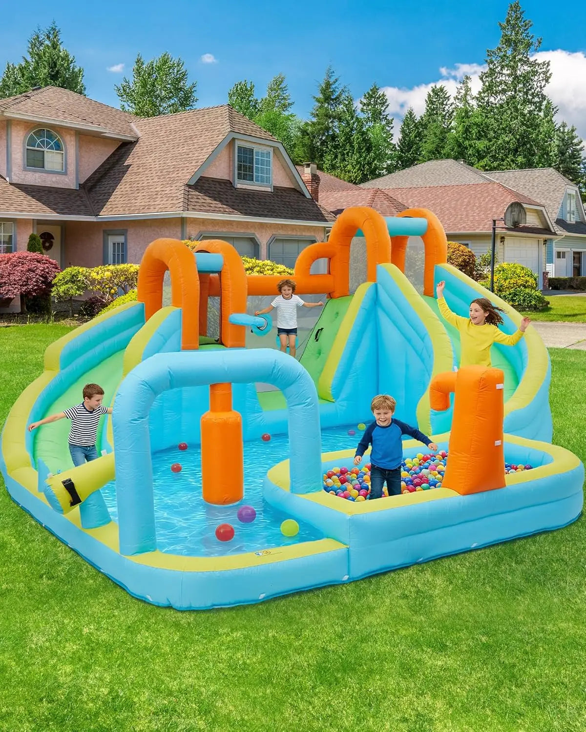 10-in-1 Inflatable Bounce House with Slide & Air Blower, Kids Indoor Outdoor Jump Bouncer Playset for Backyard Birthday Parties