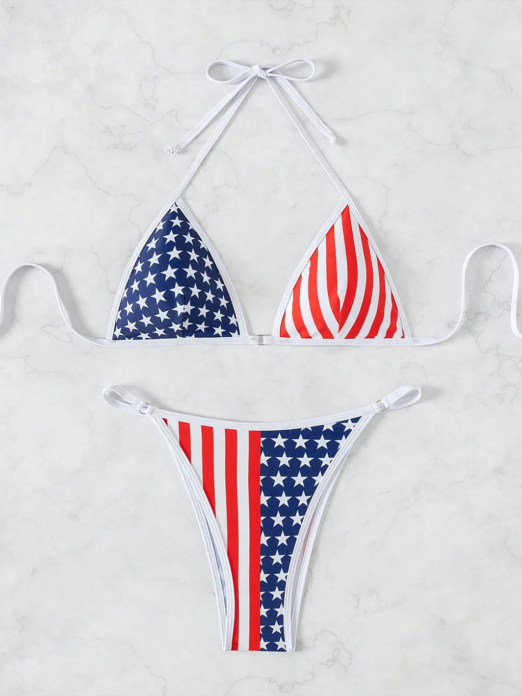 Women's USA Flag Print Triangle Bikini Set, Halter Neck Two Piece Swimsuit for Beach & Patriotic Holidays