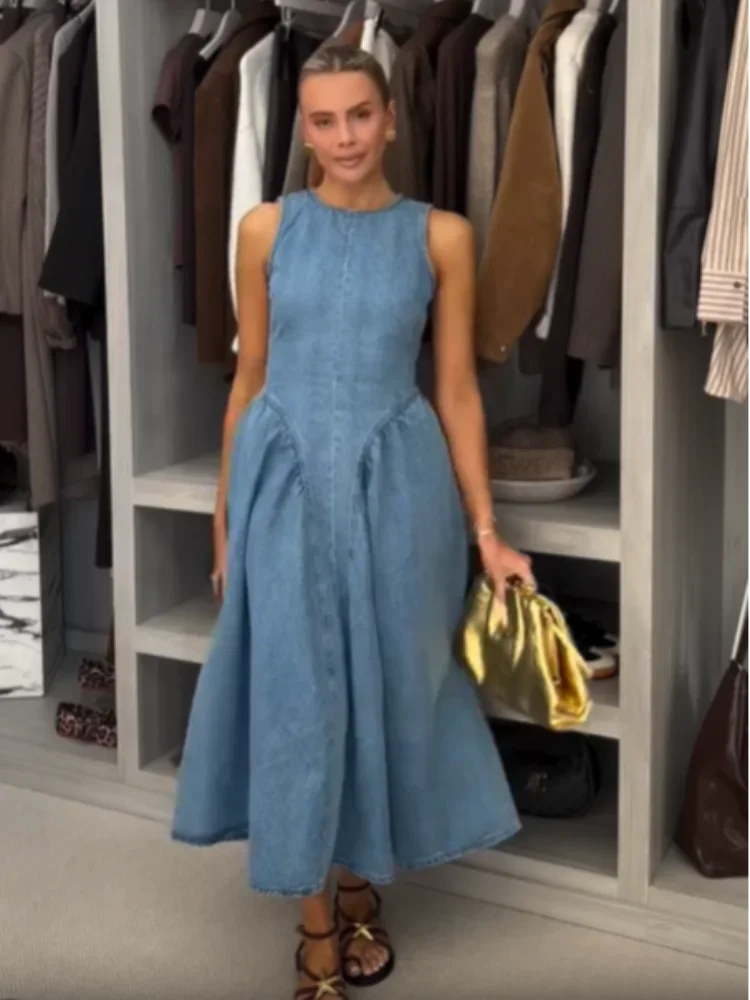 Women Chic Backless Lace Up Denim Dress Fashion O-neck Sleeveless Slim High Waist A-line Midi Robe Summer Lady Casual Streetwear
