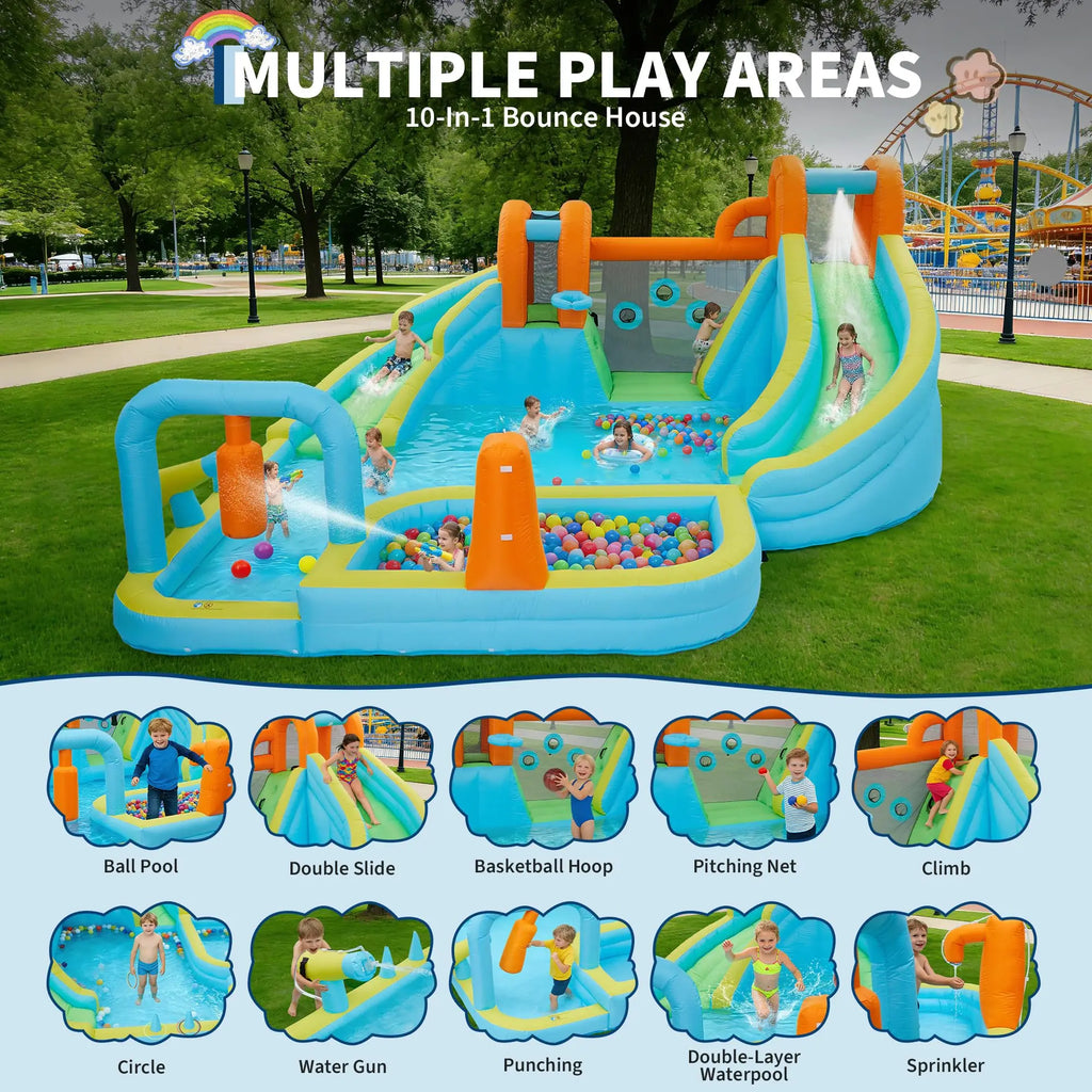 15.9x14FT Inflatable Bounce House 10-In-1 Wet Dry Water Slide With 550W Blower Kids Jumping Castle Splash Pool For Backyard