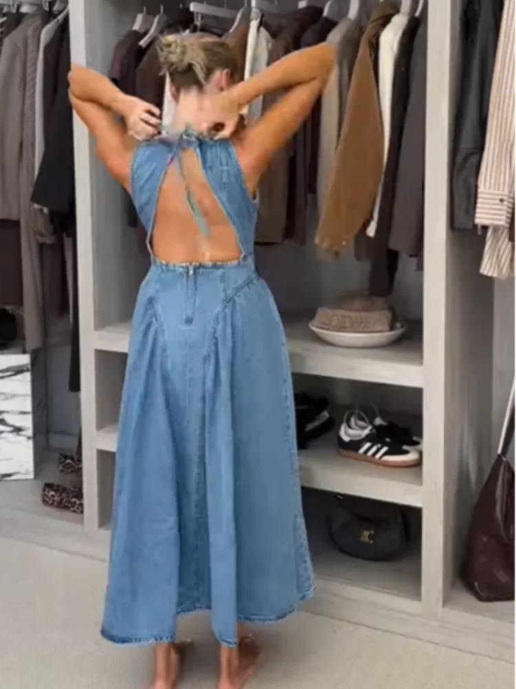 Women Chic Backless Lace Up Denim Dress Fashion O-neck Sleeveless Slim High Waist A-line Midi Robe Summer Lady Casual Streetwear