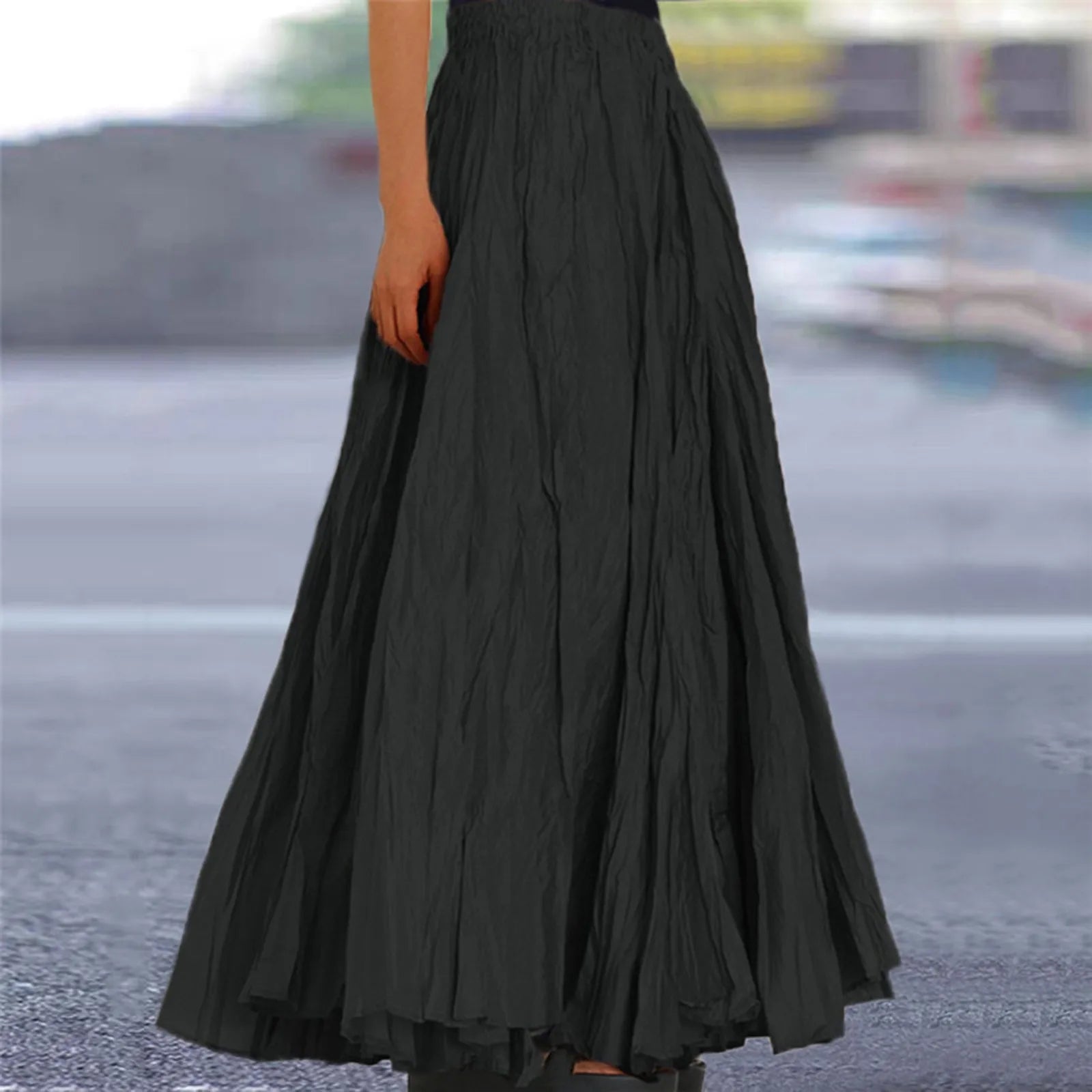 Women Long Skirt High Waist Stretch Solid Color Pleated Skirt Women Faldas Vintage Fold Large Swing Casual Maxi A-Line Skirt