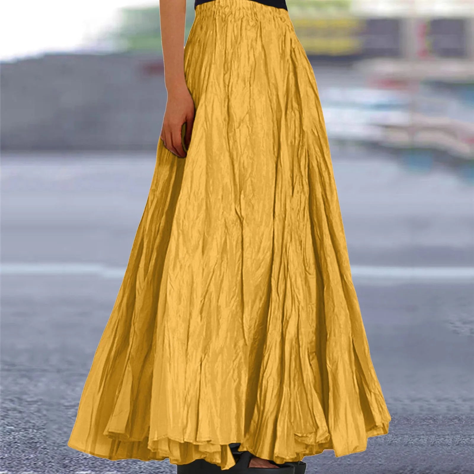 Women Long Skirt High Waist Stretch Solid Color Pleated Skirt Women Faldas Vintage Fold Large Swing Casual Maxi A-Line Skirt