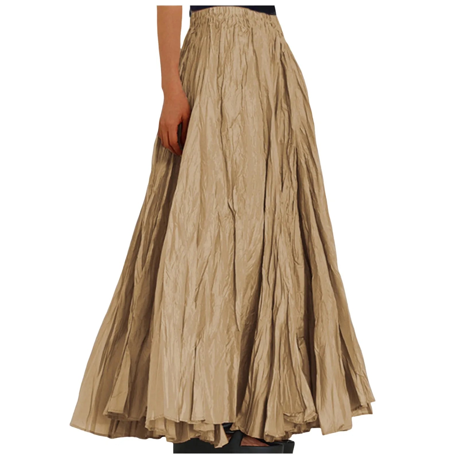 Women Long Skirt High Waist Stretch Solid Color Pleated Skirt Women Faldas Vintage Fold Large Swing Casual Maxi A-Line Skirt