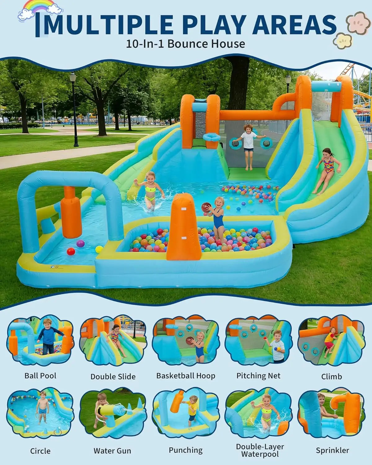 10-in-1 Inflatable Bounce House with Slide & Air Blower, Kids Indoor Outdoor Jump Bouncer Playset for Backyard Birthday Parties