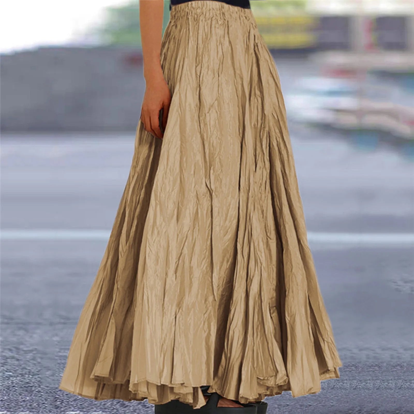 Women Long Skirt High Waist Stretch Solid Color Pleated Skirt Women Faldas Vintage Fold Large Swing Casual Maxi A-Line Skirt