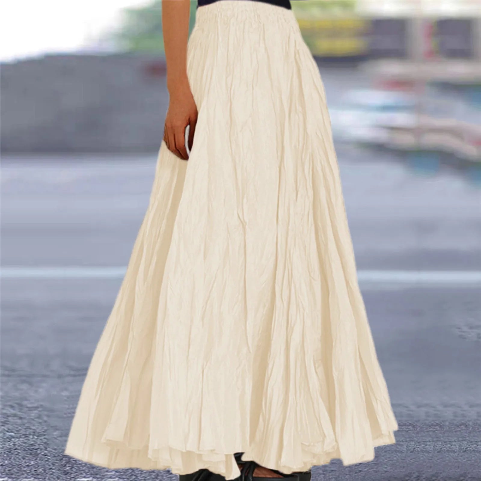 Women Long Skirt High Waist Stretch Solid Color Pleated Skirt Women Faldas Vintage Fold Large Swing Casual Maxi A-Line Skirt